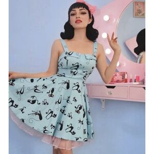 IXIA ModCloth S Small Siamese Cat Dress 50s Retro Pin-Up Rockabilly Kitty Stretc